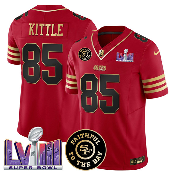 Men's San Francisco 49ers #85 George kittle Red 2025 F.U.S.E. Faithful & Super Bowl LVIII Patch Vapor Limited Stitched Football Jersey Men's San Francisco 49ers #85 George kittle Red 2025 F.U.S.E. Faithful & Super Bowl LVIII Patch Vapor Limited Stitched Football Jersey